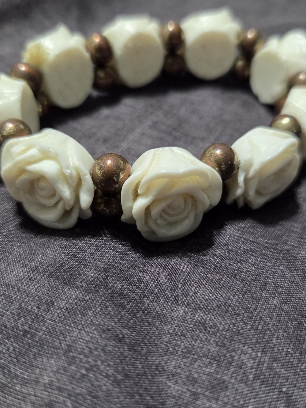 Ivory Rose Beaded Stretch Bracelet Cream Floral Vintage Inspired Boho Jewelry